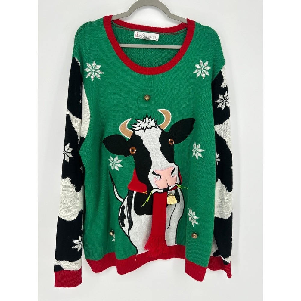 Jolly Sweaters XXL Christmas Cow Ugly Sweater Green Red Snowflake Novelty